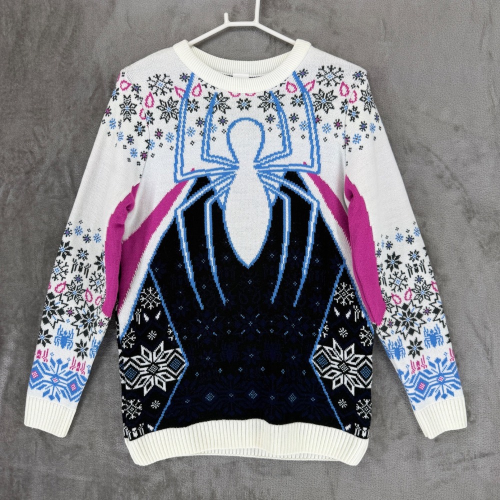Merchoid Marvel Spider-Gwen Ghost-Spider Holiday Knit Sweater‎ Small White Pink